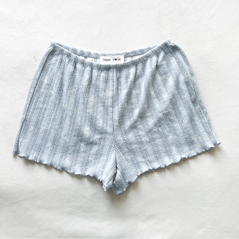 Pink Rose Sky Blue Bow Print Pointelle Textured Shorts Small